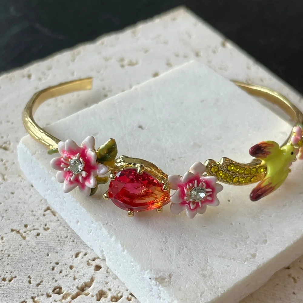Les Nereides Gold Pink Bird Bracelet Floral Statement Jewelry